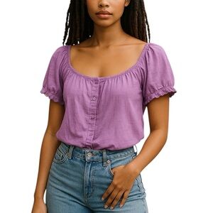 American Eagle Outfitter Pink Puff Sleeve Button up Blouse Top NWT M 100% Cotton